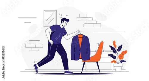 Man choosing outfit, holding jacket, getting ready for work or event, modern illustration