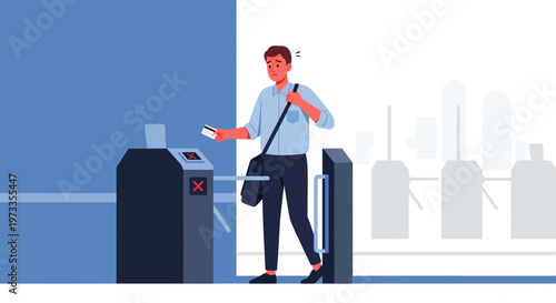 Man denied entry at turnstile with access card, red cross symbol