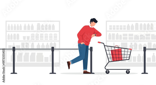Man checking watch while waiting in grocery store queue with shopping cart