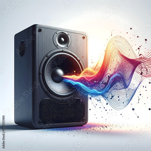 A close-up of a black loudspeaker emitting vibrant sound waves in red, orange, and blue, with small particles. The background is white