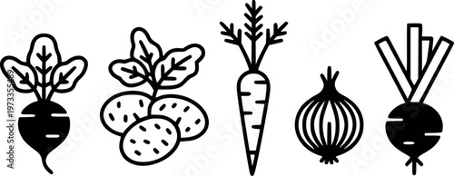 Collection of black outline of root vegetables and tubers a white background food