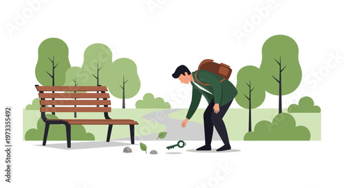 Man finds lost key on park path near bench, searching for lost item