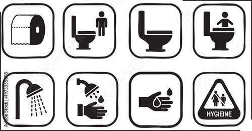 Hygiene and Sanitation Facility Icon Set for Public Restrooms