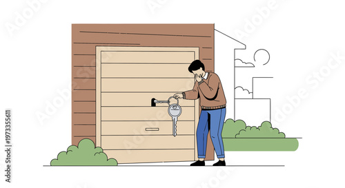 Man locking garage door with key, home security concept