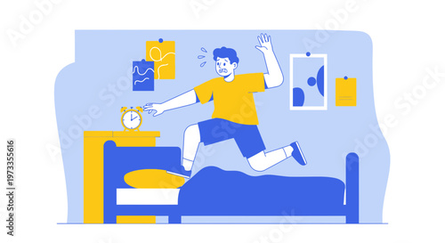 Man jumping out of bed startled by alarm clock, late for work concept
