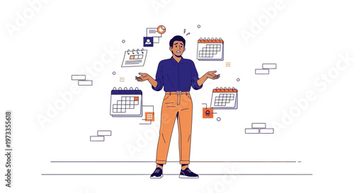 Man Juggling Tasks and Calendars, Overwhelmed by Schedule and Deadlines