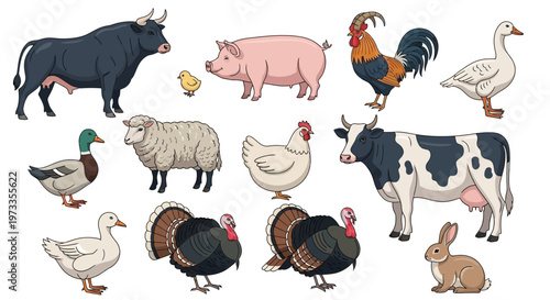 Set of Domestic Farm Animals and Poultry Illustrations Isolated on White - Collection of Cow, Pig, Sheep, Bull, Turkey, Duck, and Chicken for Agriculture and Educational Use