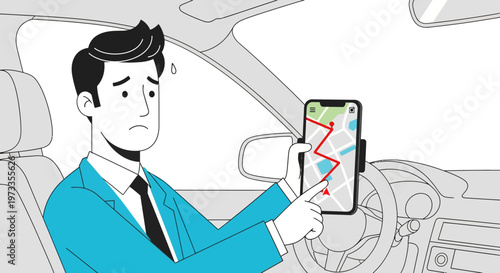 Man lost in car with GPS navigation app on phone, confused expression