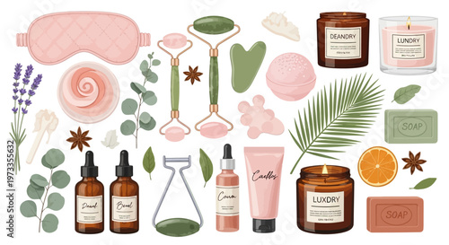 Natural Spa and Skincare Essentials Illustration Set featuring Jade Roller, Gua Sha, Essential Oils, and Scented Candles