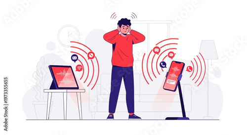 Man overwhelmed by notifications from phone and tablet, feeling stressed and anxious