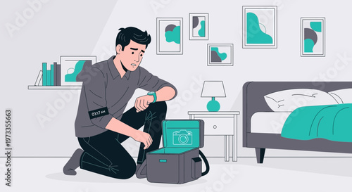 Man packing camera gear in bedroom, preparing for photography trip