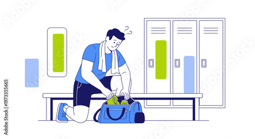 Man packing gym bag in locker room, fitness lifestyle, workout preparation