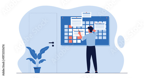 Man planning schedule on a calendar board in office, business planning and organization concept