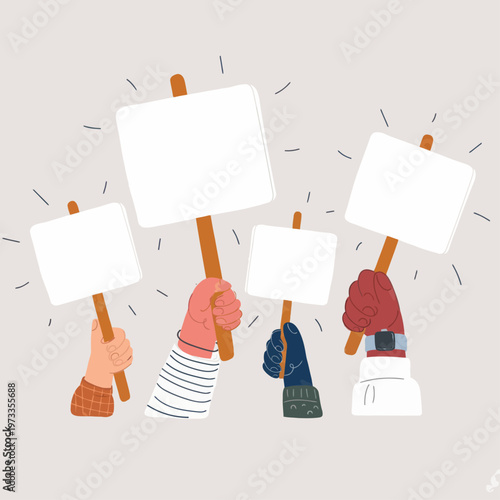 Diverse Hands Holding Blank Protest Signs, Symbolizing Collective Voice, Freedom of Speech, and a Call to Action for Public Demonstration and Social Activism