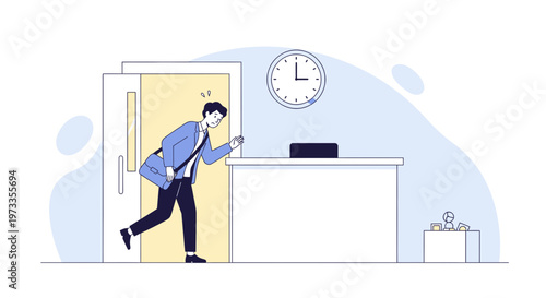 Man running late for work, checking watch at office reception