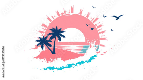 Tropical Sunset Illustration with Palm Trees and Ocean Waves in a Retro Style