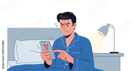 Man Wakes Up Late, Alarm Ringing on Phone, Stressed Morning Routine