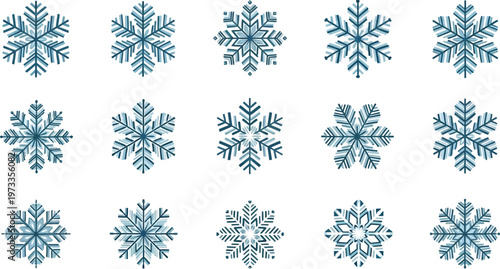 Collection of blue and teal stylized snowflakes on white background winter cold