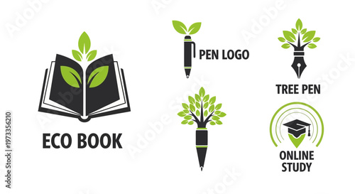 Eco-Friendly Education and Learning Logo Template Set with Book, Pen, Tree, and Graduation Cap Icons
