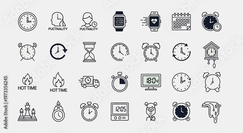 Time and Clock Line Icon Set: Comprehensive Collection for Time Management, Scheduling, and Productivity