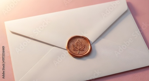 Closeup of a white envelope sealed with a coppercolored wax seal featuring a maple leaf design, placed on a soft pink surface