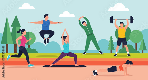 Diverse People Doing Outdoor Fitness Activities in a Park Vector Illustration of Healthy Lifestyle Workout Exercises Including Yoga Running Weightlifting and Stretching