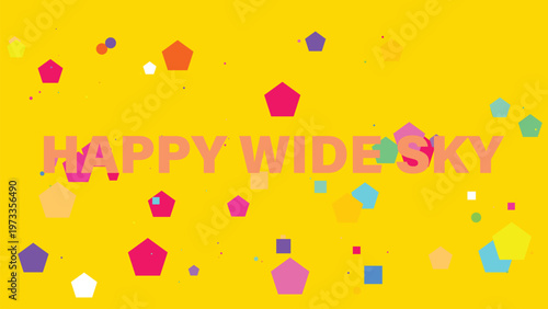 Colorful geometric shapes, happy sky background, wide vibrant illustration, hexagonal patterns