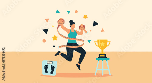 Happy Woman Celebrating Weight Loss Success and Fitness Achievement with Measuring Tape, Scale, and Gold Trophy