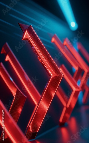 Neon red arrows glow brightly against a cool blue background
