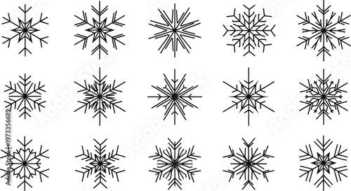 Collection of fifteen black line snowflake on white background winter symbol pattern
