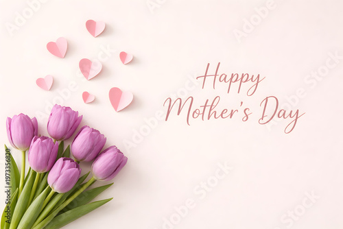 Happy mothers day greeting card with purple tulips and paper hearts