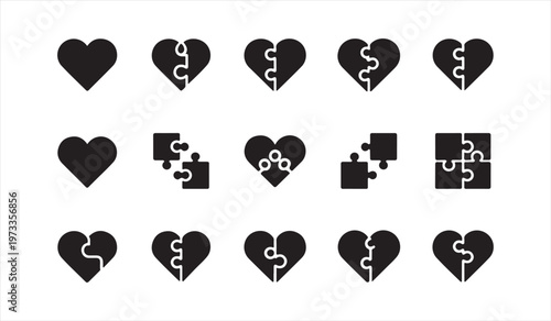 Broken heart silhouettes set with cracks splits and puzzle symbols emotional love concept