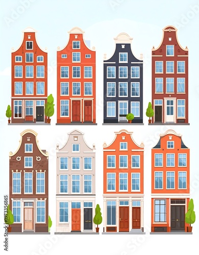 A vibrant cartoon illustration featuring eight colorful, traditional gable-fronted buildings set against a light blue sky, resembling Dutch architecture