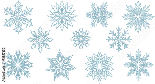 Collection of ten light blue and white stylized snowflakes on a white background winter cold