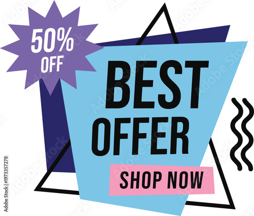 Eye-catching promotional banner advertising a fifty percent off best offer deal