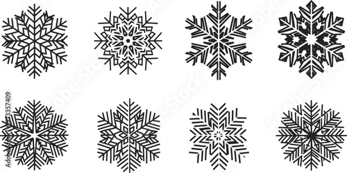 Eight black snowflake on white background winter cold 1