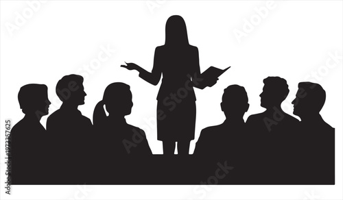 Business speaker presenting to audience silhouette corporate meeting seminar illustration