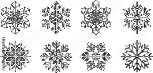 Eight geometric snowflake with black outlines on white background pattern winter cold