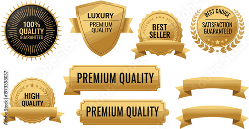 Premium Quality Gold Badges and Labels Set with Luxury, Best Seller and Guaranteed Seals for Branding and Marketing Illustration Design
