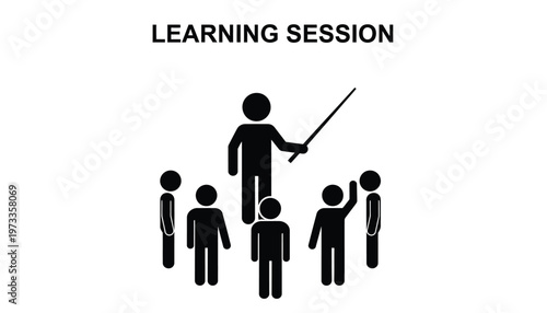 Teacher stick figure leading an informative learning session for a group of engaged student stick figures