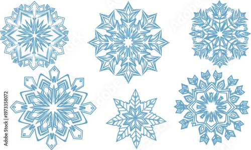Six blue snowflake with brush stroke texture on white background winter cold