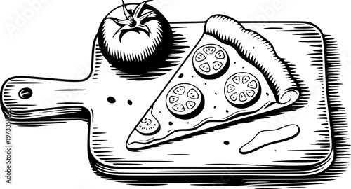 Black and white of a pizza slice and tomato a wooden cutting board food