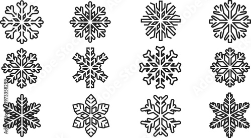 Twelve black line snowflake with geometric patterns on white background winter cold
