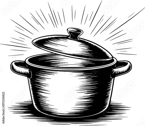Black and white of a steaming cooking pot with radiating lines