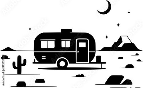Black and white of a vintage camper trailer parked in a desert landscape under a crescent moon and stars