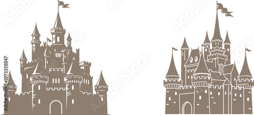 Fairy Tale Castle Silhouettes on White Background