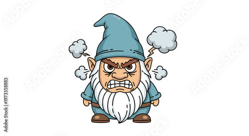 Angry cartoon gnome with blue hat and beard expressing frustration  