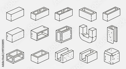 Isometric Line Art of Various Concrete Block Types