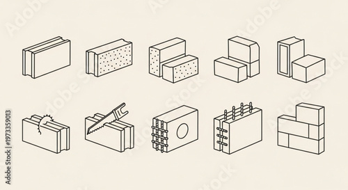 Isometric Line Art of Brick Types and Construction Techniques