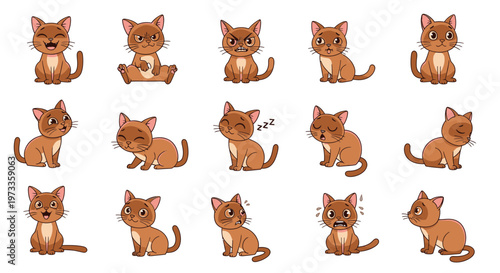 Cute cartoon Burmese cats showing various emotions and expressions  